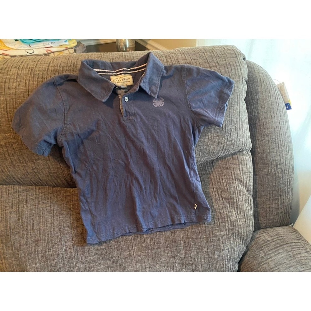 Lucky Brand Boys Navy Blue Short Sleeve Polo Shirt Size 7 Four Leaf Clover Logo